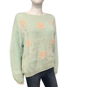 Vintage 80s Distinction Mint Pink Floral Daisy Flower Knit Sweater, L